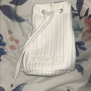 Dior White Pleated Drawstring Cosmetic Bag